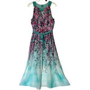 New Rabbit Designs Mint Green Hot Pink Floral Chiffon Sleeveless Maxi Dress